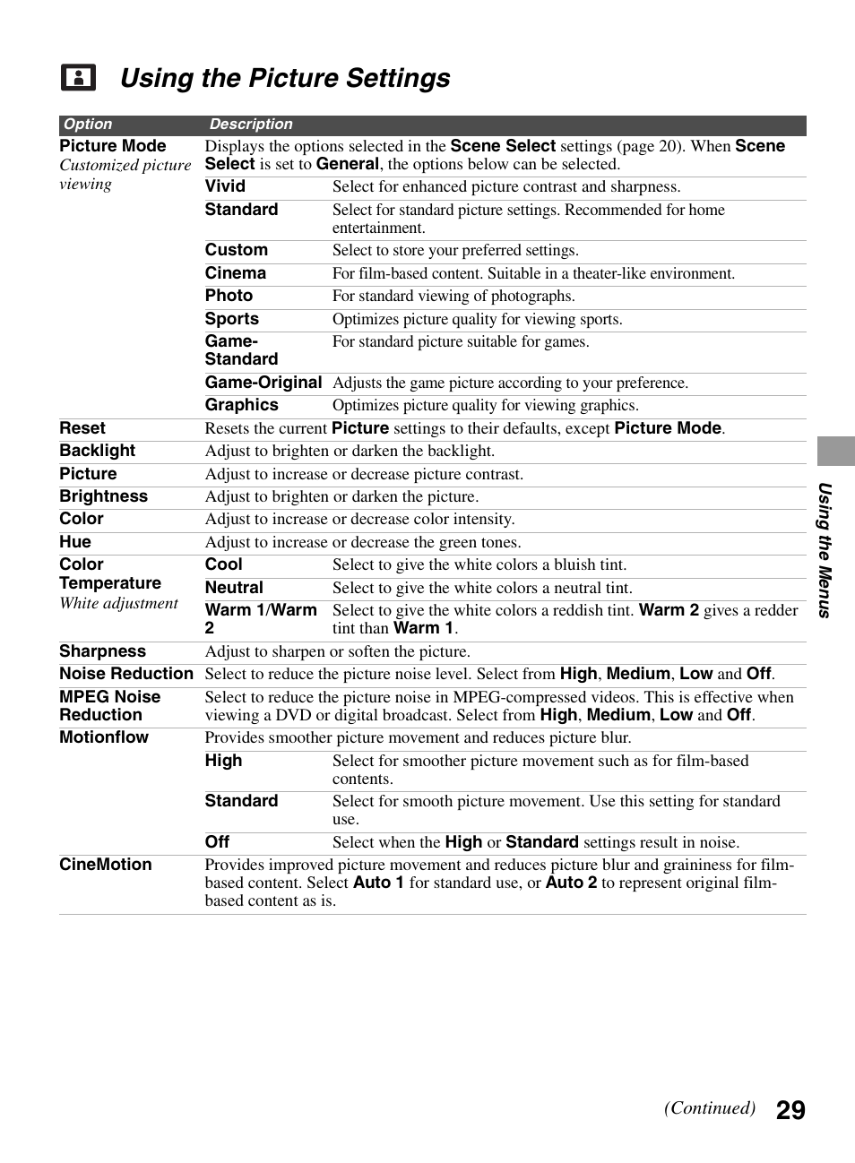 Using the picture settings | Sony KDL-55BX520 User Manual | Page 29 / 60