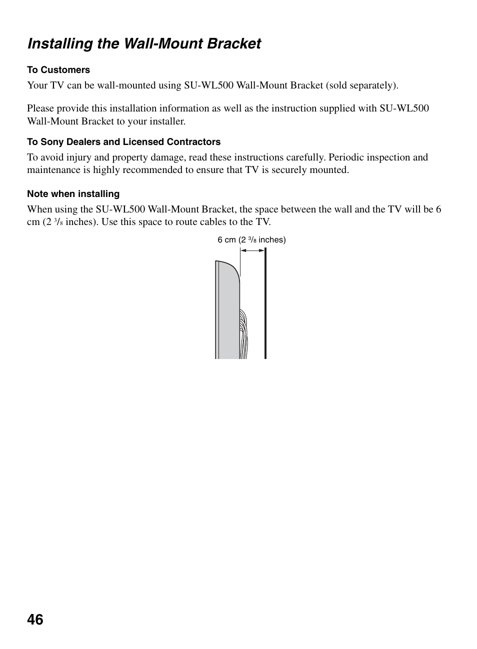 Installing the wall-mount bracket, 46 installing the wall-mount bracket | Sony KDL-55BX520 User Manual | Page 46 / 60