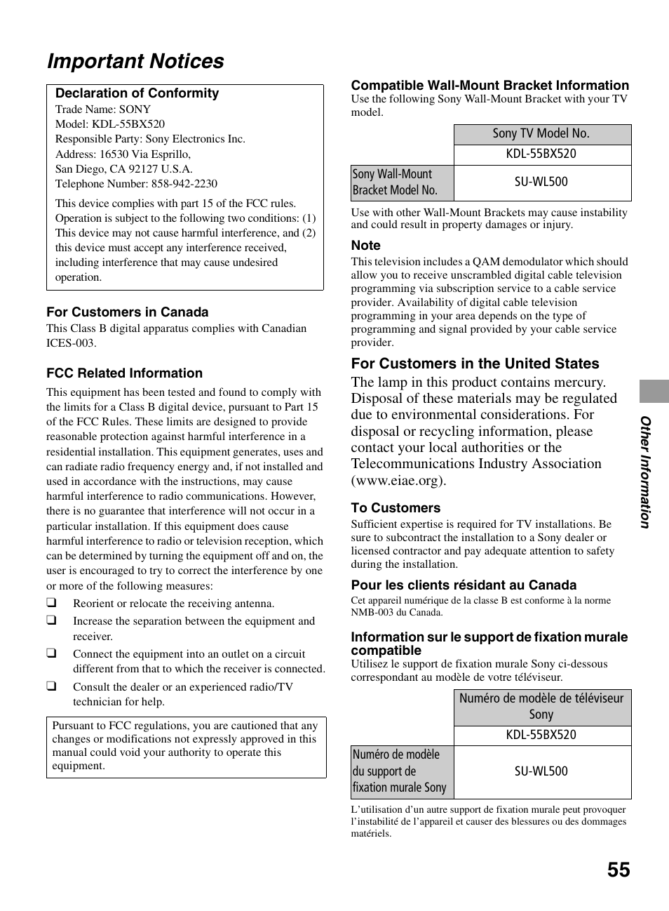 Important notices | Sony KDL-55BX520 User Manual | Page 55 / 60