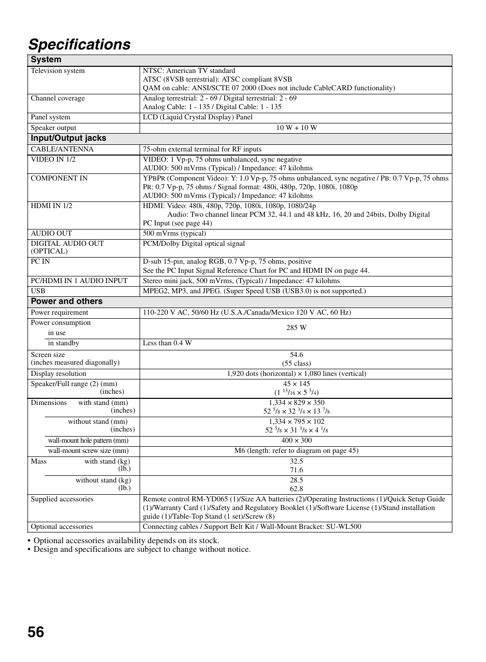 Specifications, 56 specifications | Sony KDL-55BX520 User Manual | Page 56 / 60