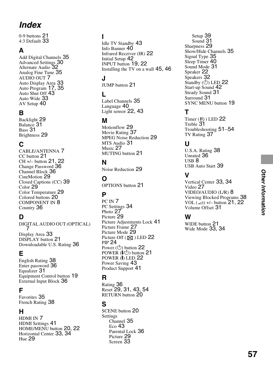Index | Sony KDL-55BX520 User Manual | Page 57 / 60