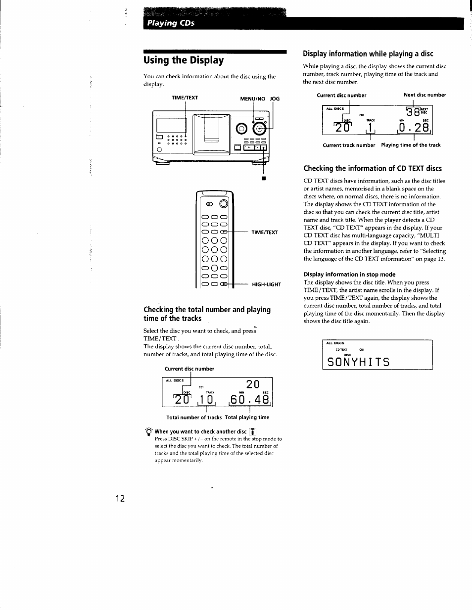 Using the display, Display information while playing a disc, Checking the information of cd text discs | Sony CDP-CX300 User Manual | Page 12 / 34