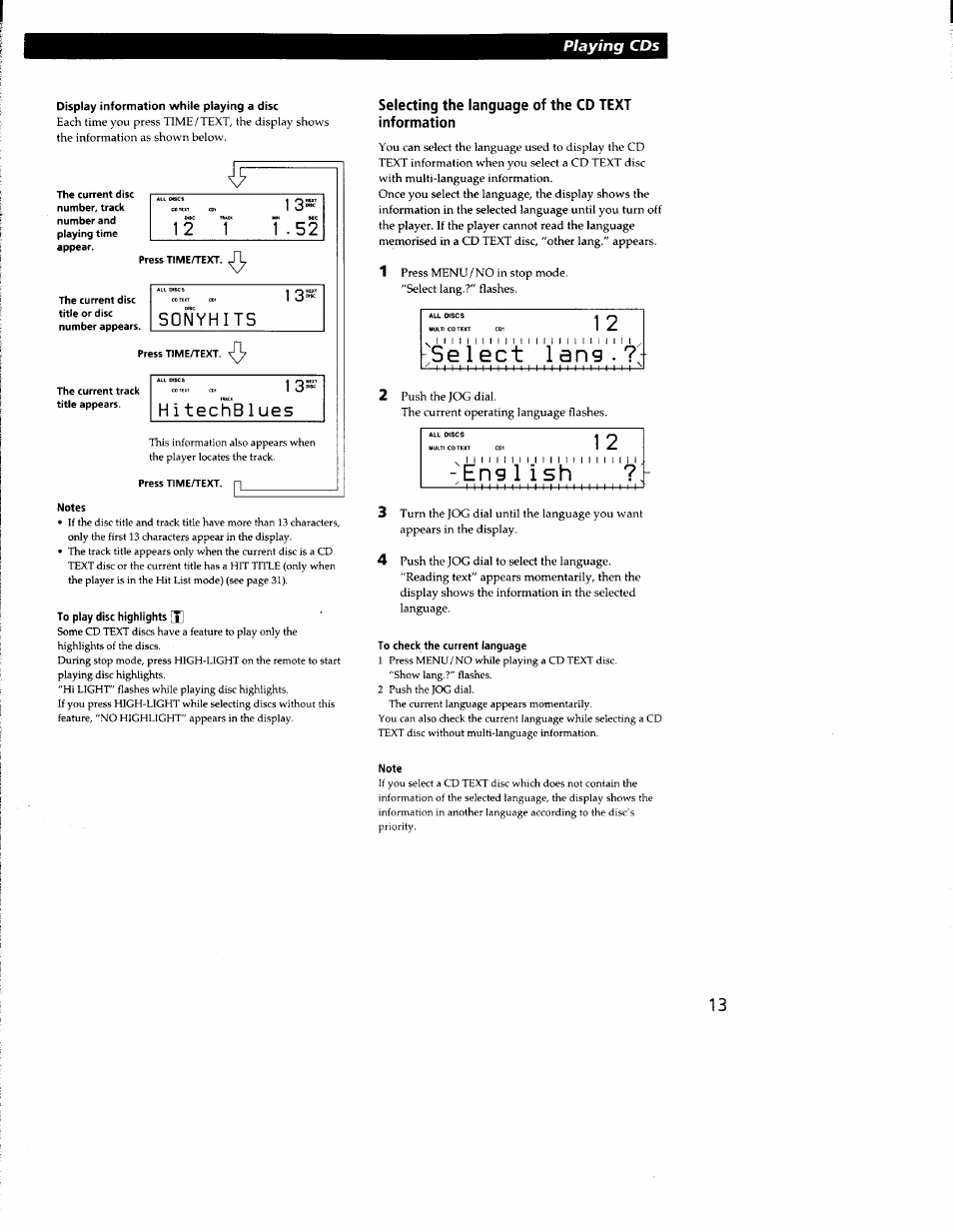 Display information while playing a disc, Notes, To play disc highlights | Selecting the language of the cd text information, To check the current language, Note, Sonyhits, H i techb1ugs | Sony CDP-CX300 User Manual | Page 13 / 34
