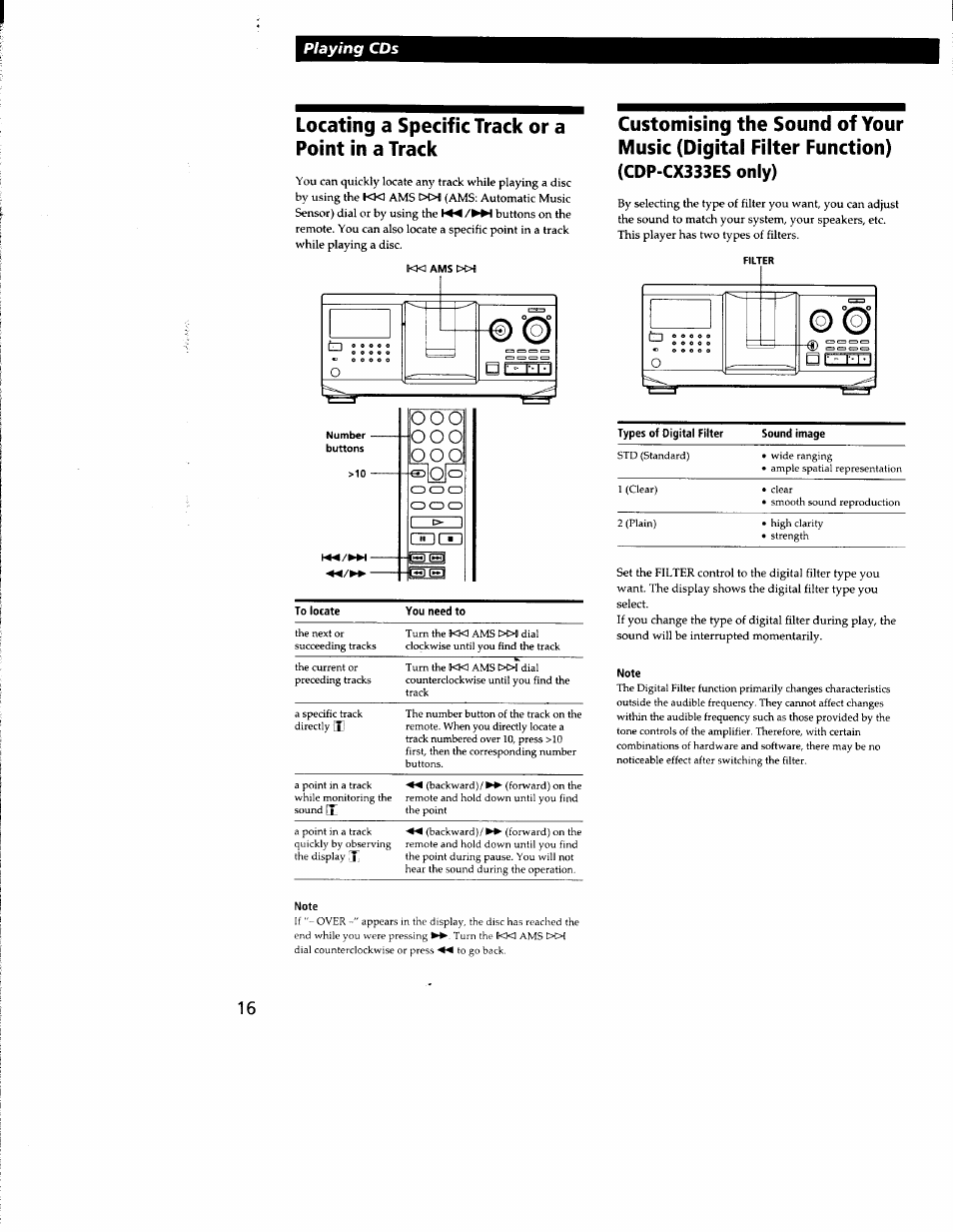 Locating a specific track or a point in a track, Note, Locating a specific track or a poinf in a track | Cdp-cx333es only) | Sony CDP-CX300 User Manual | Page 16 / 34