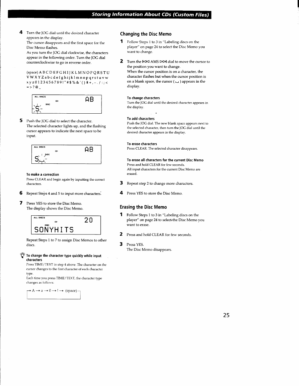 Changing the disc memo, To change characters, To add characters | To erase characters, To erase all characters for the current disc memo, Erasing the disc memo, Ab -'s | Sony CDP-CX300 User Manual | Page 25 / 34