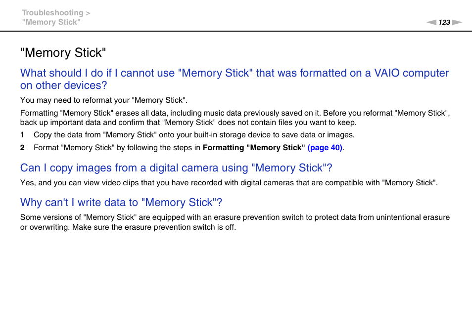 Memory stick | Sony VPCW121AX User Manual | Page 123 / 128