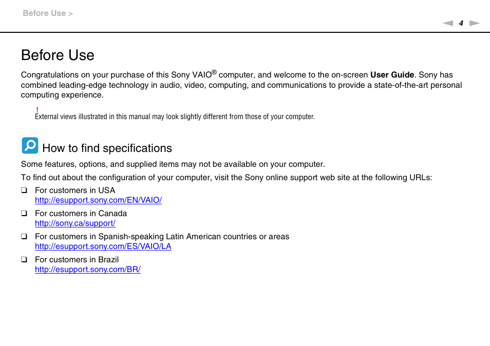 Before use, How to find specifications | Sony VPCW121AX User Manual | Page 4 / 128