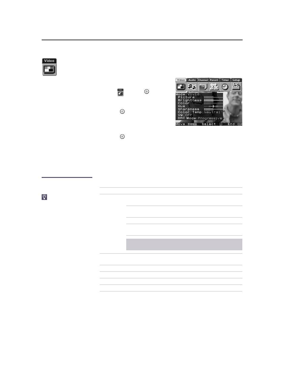 Using the video menu, Selecting video options, 36 using the video menu | Sony KV-32HS20 User Manual | Page 44 / 72