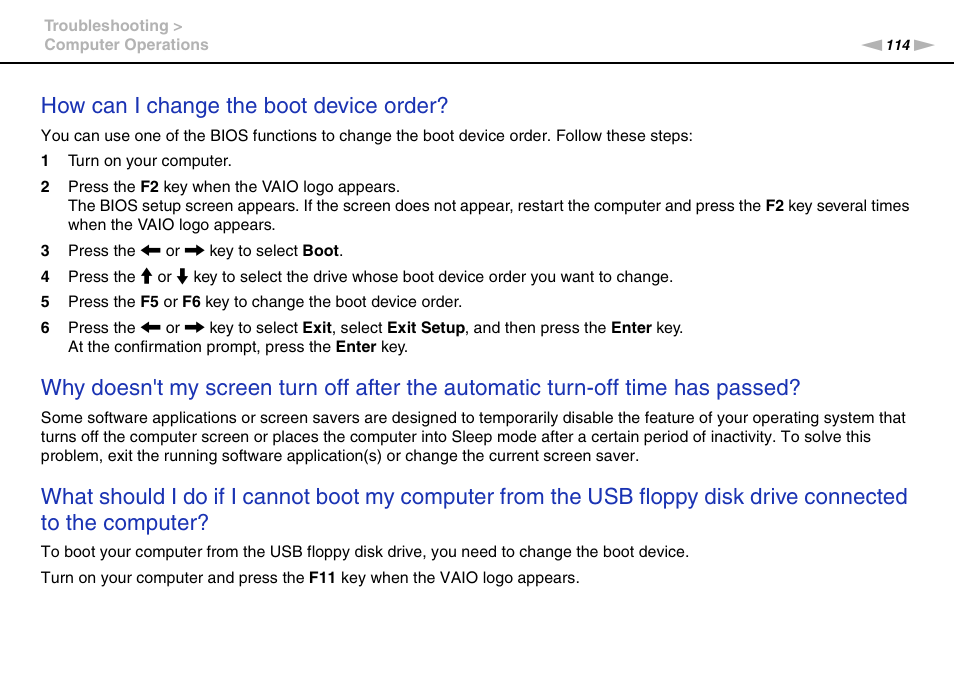 How can i change the boot device order | Sony VPCEE45FX User Manual | Page 114 / 151
