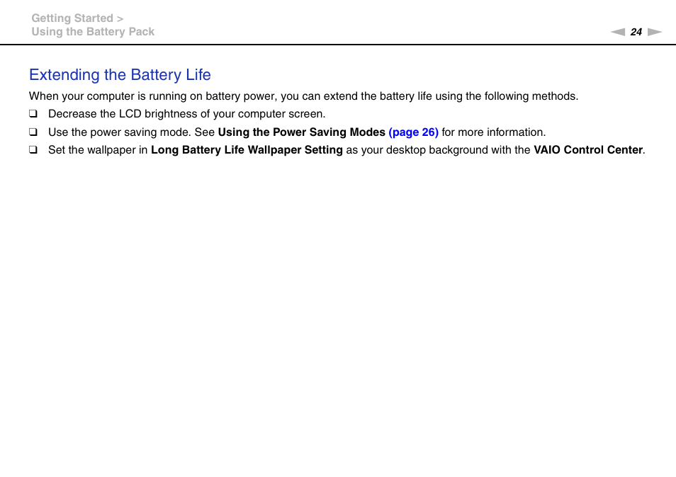 Extending the battery life | Sony VPCEE45FX User Manual | Page 24 / 151