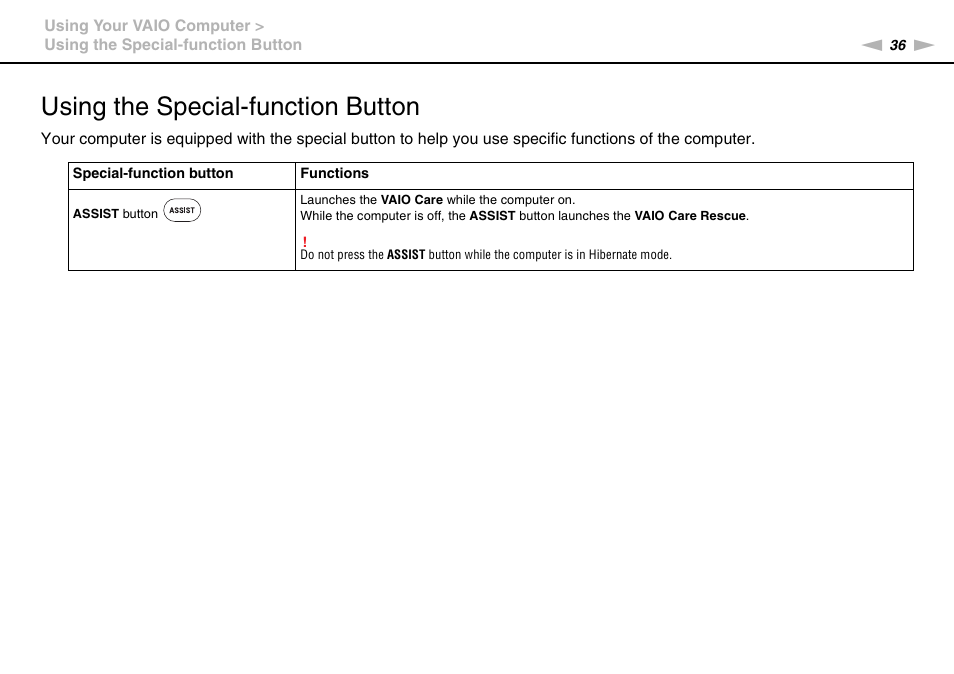 Using the special-function button | Sony VPCEE45FX User Manual | Page 36 / 151