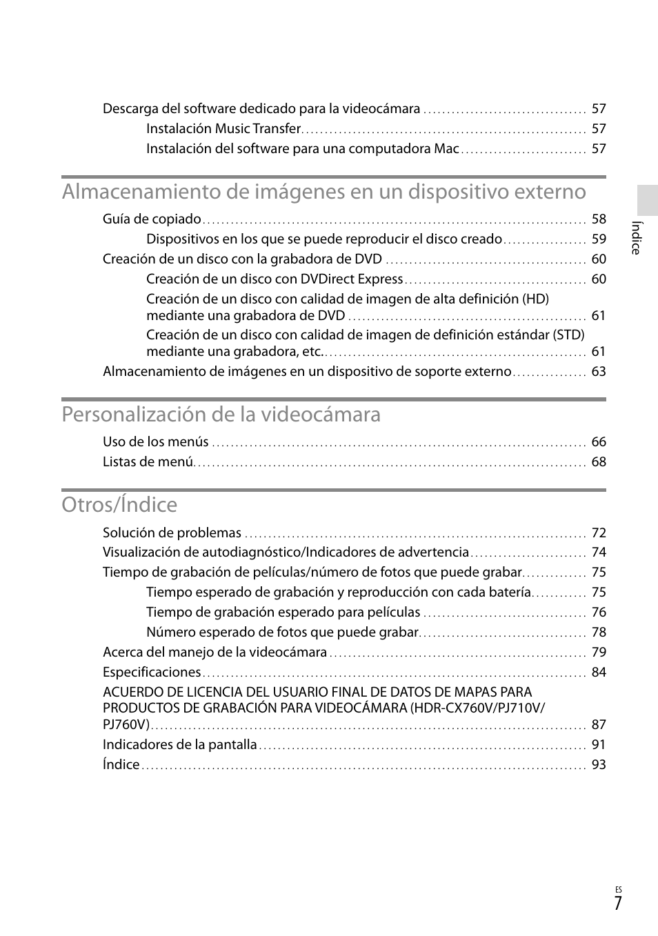 Personalización de la videocámara, Otros/índice | Sony HDR-PJ710V User Manual | Page 101 / 191