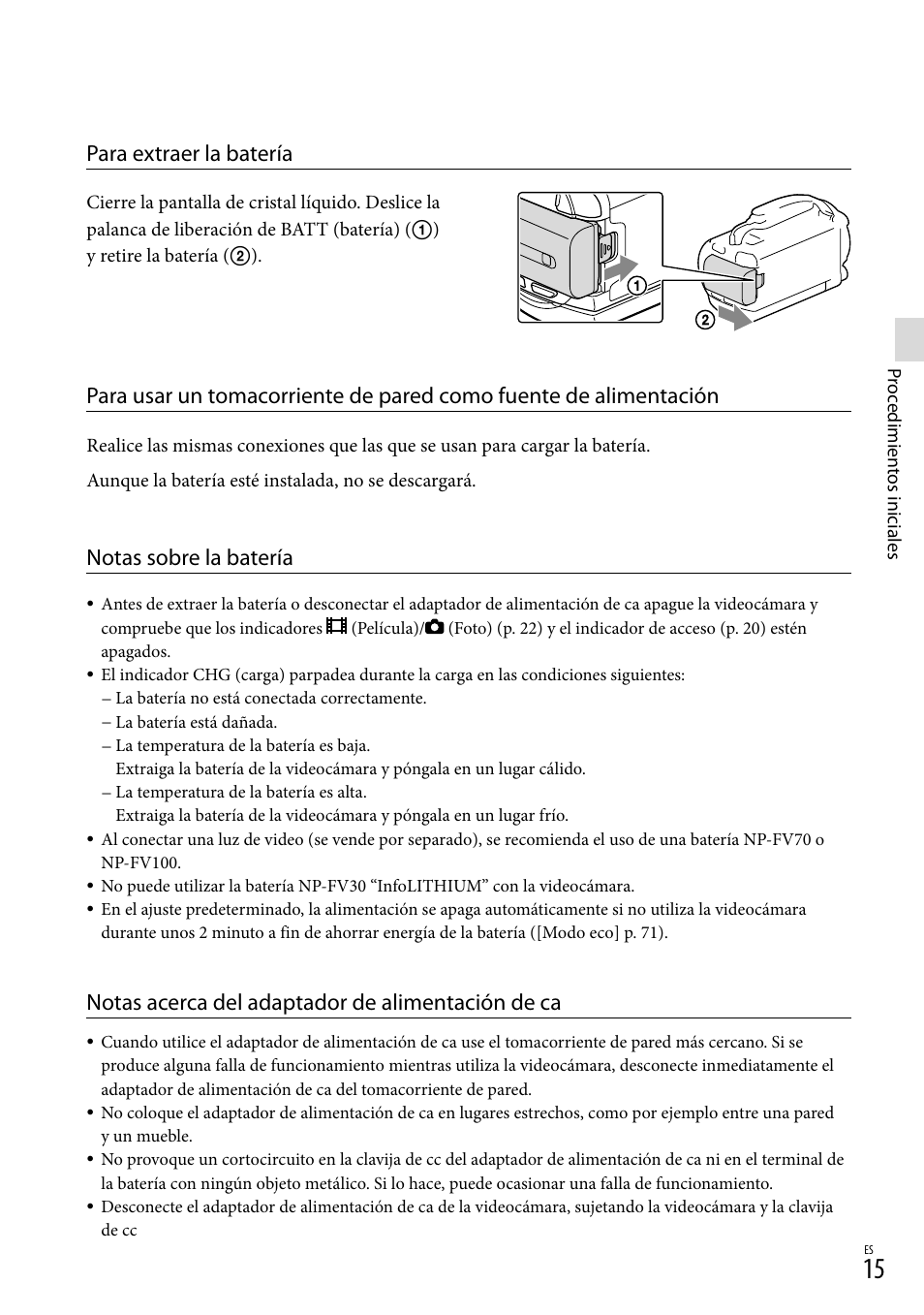 Para extraer la batería, Notas sobre la batería, Notas acerca del adaptador de alimentación de ca | Sony HDR-PJ710V User Manual | Page 109 / 191