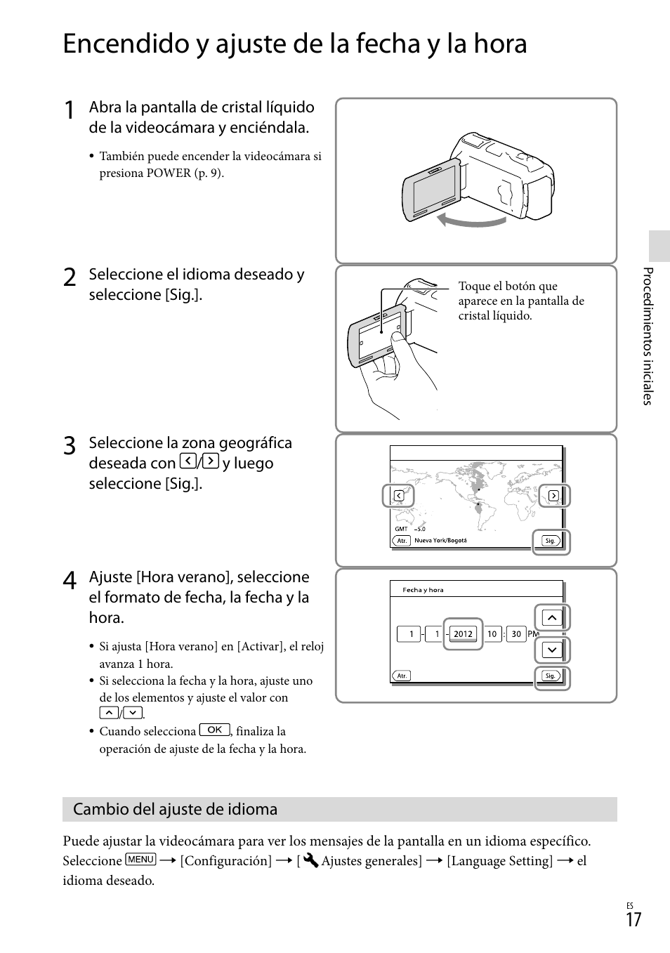 Encendido y ajuste de la fecha y la hora, Cambio del ajuste de idioma | Sony HDR-PJ710V User Manual | Page 111 / 191
