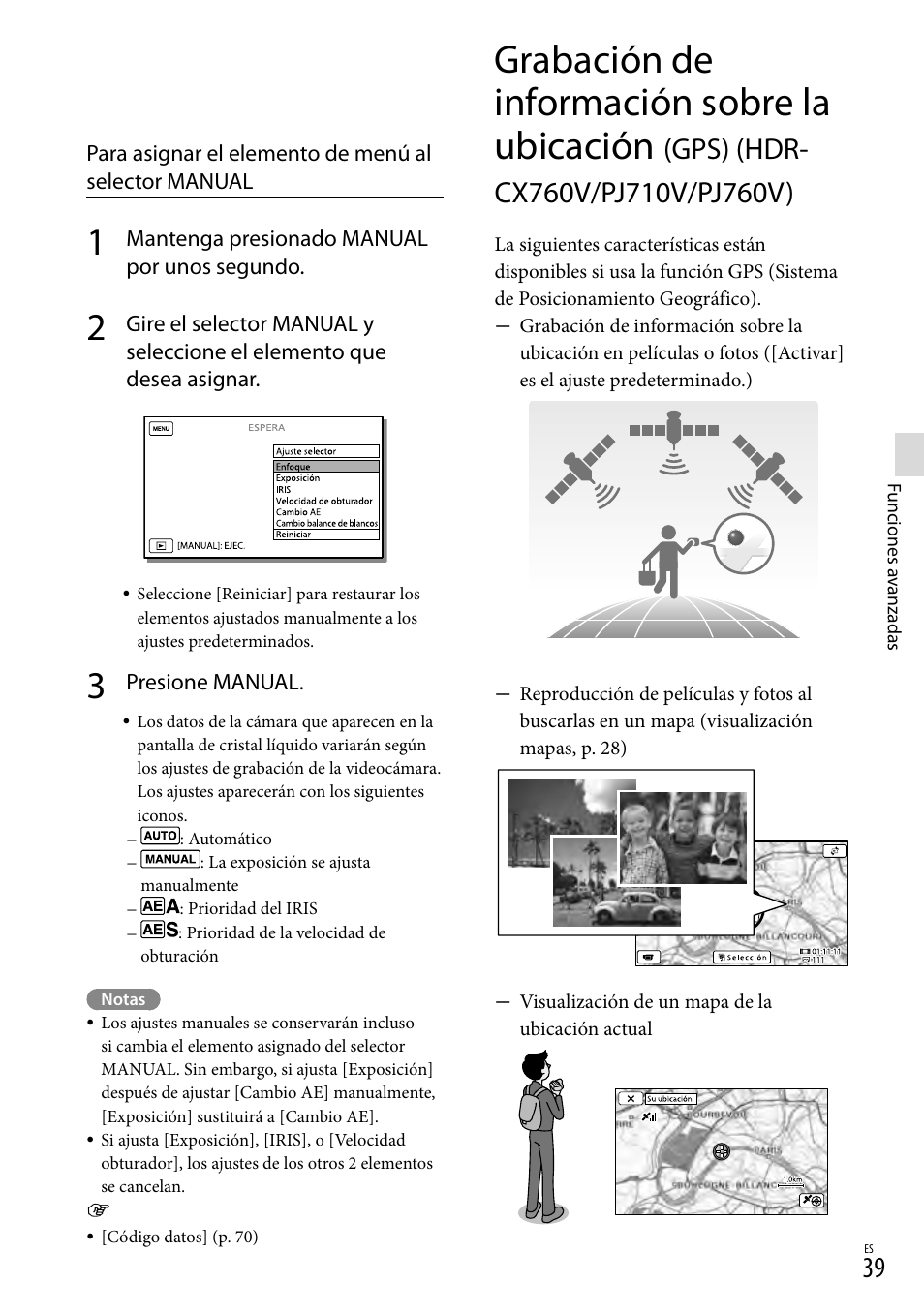Grabación de información sobre la ubicación (gps), Hdr-cx760v/pj710v/pj760v), Grabación de información sobre la ubicación | Sony HDR-PJ710V User Manual | Page 133 / 191