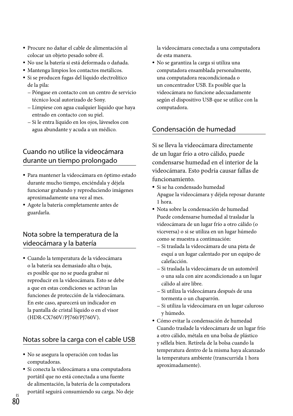 Notas sobre la carga con el cable usb, Condensación de humedad | Sony HDR-PJ710V User Manual | Page 174 / 191