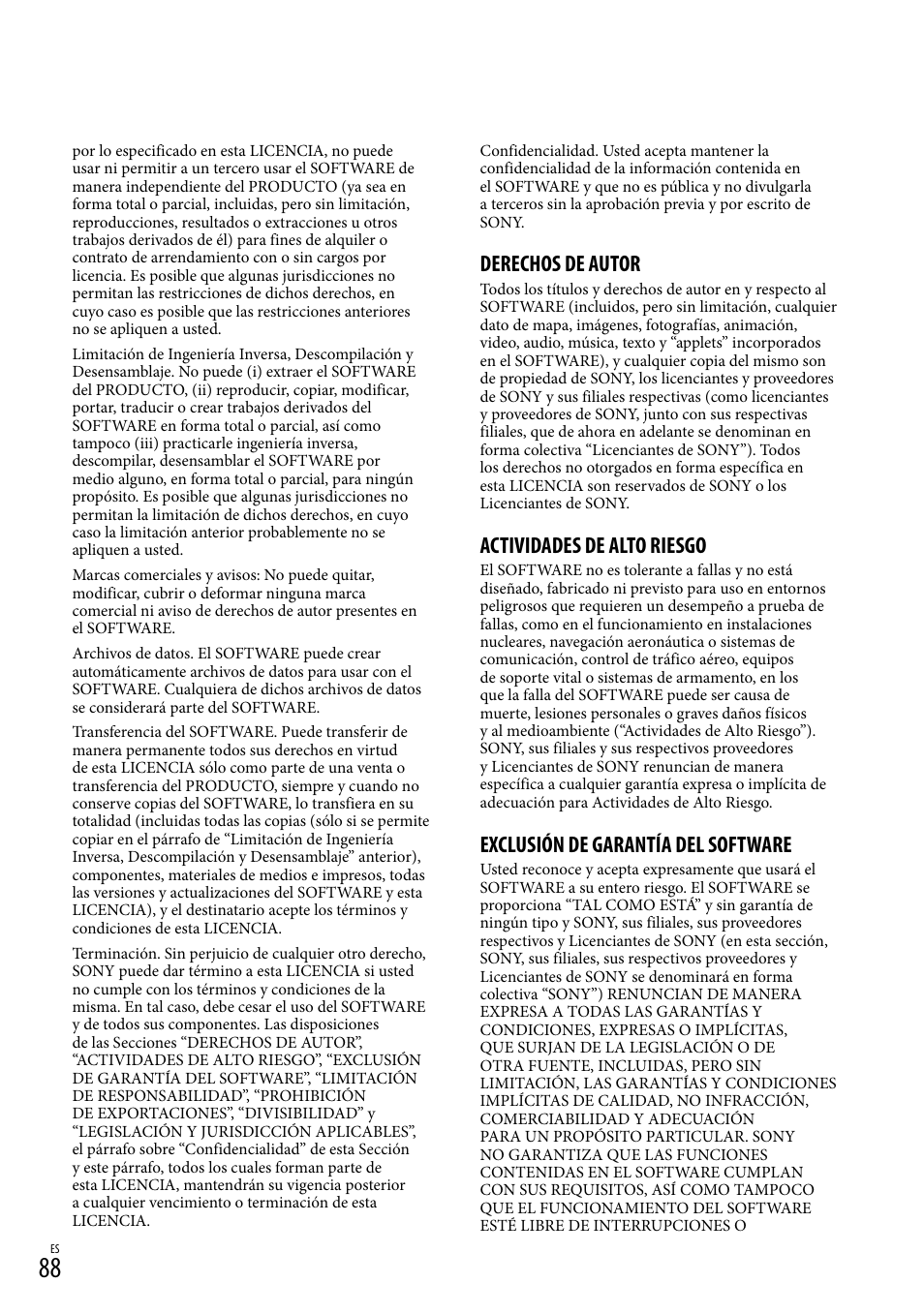 Derechos de autor, Actividades de alto riesgo, Exclusión de garantía del software | Sony HDR-PJ710V User Manual | Page 182 / 191