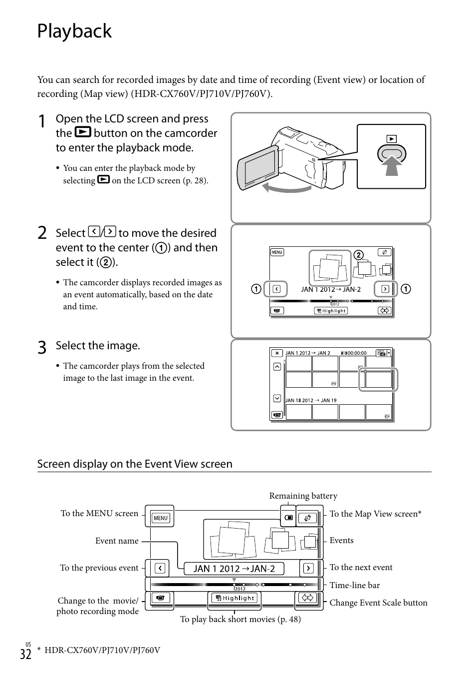 Playback, On (32), N (32) | Sony HDR-PJ710V User Manual | Page 32 / 191