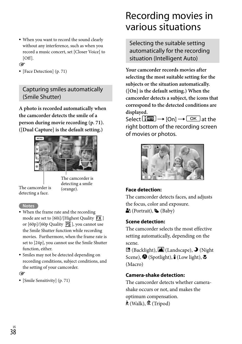 Capturing smiles automatically (smile shutter), Recording movies in various situations, Intelligent auto) | O (38), N (38) | Sony HDR-PJ710V User Manual | Page 38 / 191