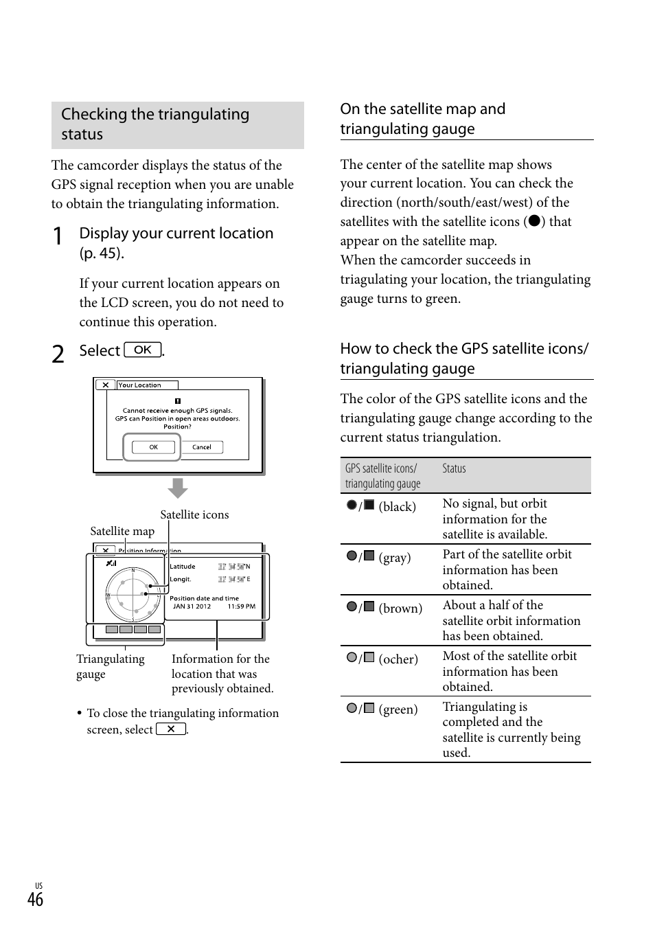 Checking the triangulating status | Sony HDR-PJ710V User Manual | Page 46 / 191