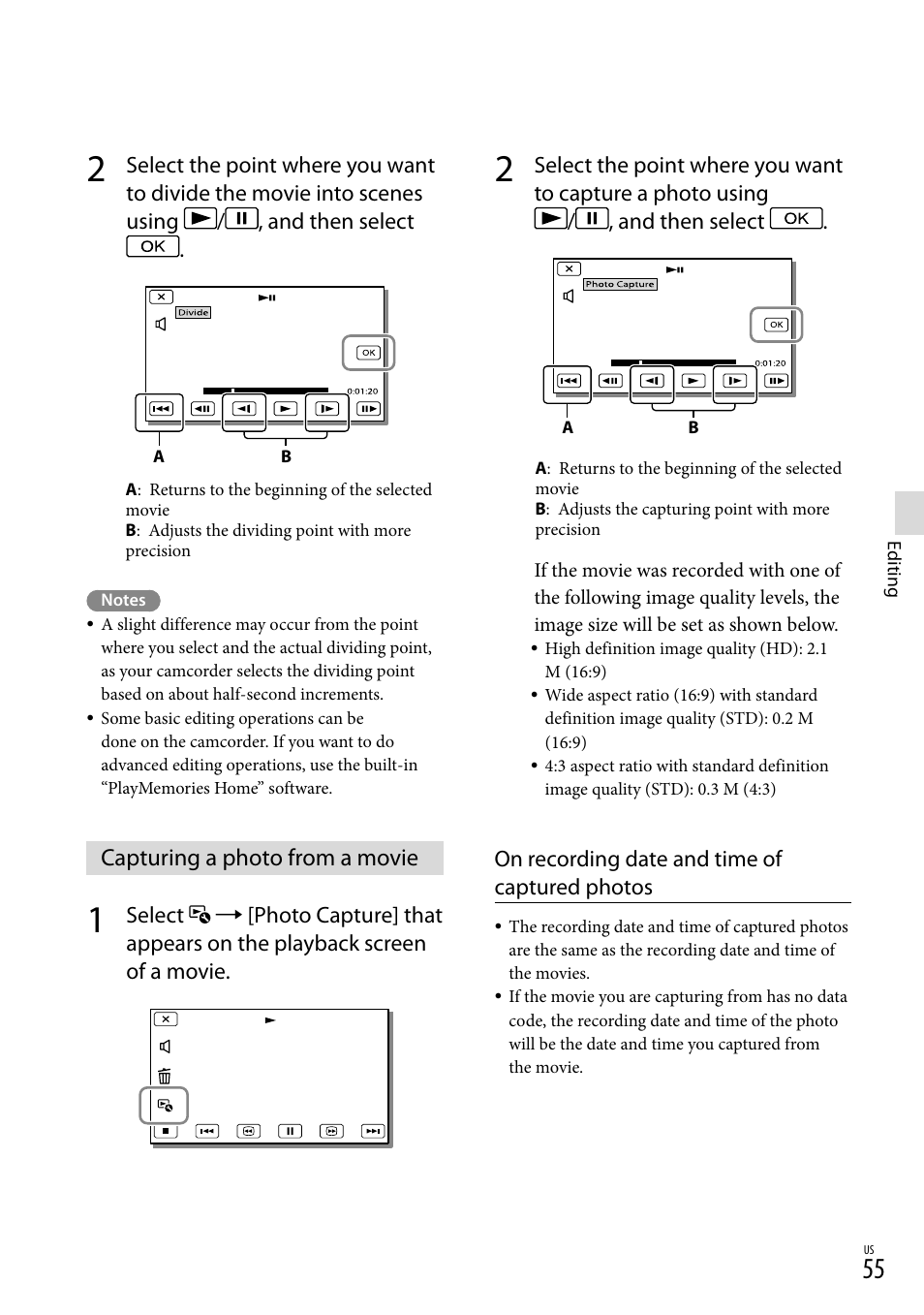 Capturing a photo from a movie | Sony HDR-PJ710V User Manual | Page 55 / 191