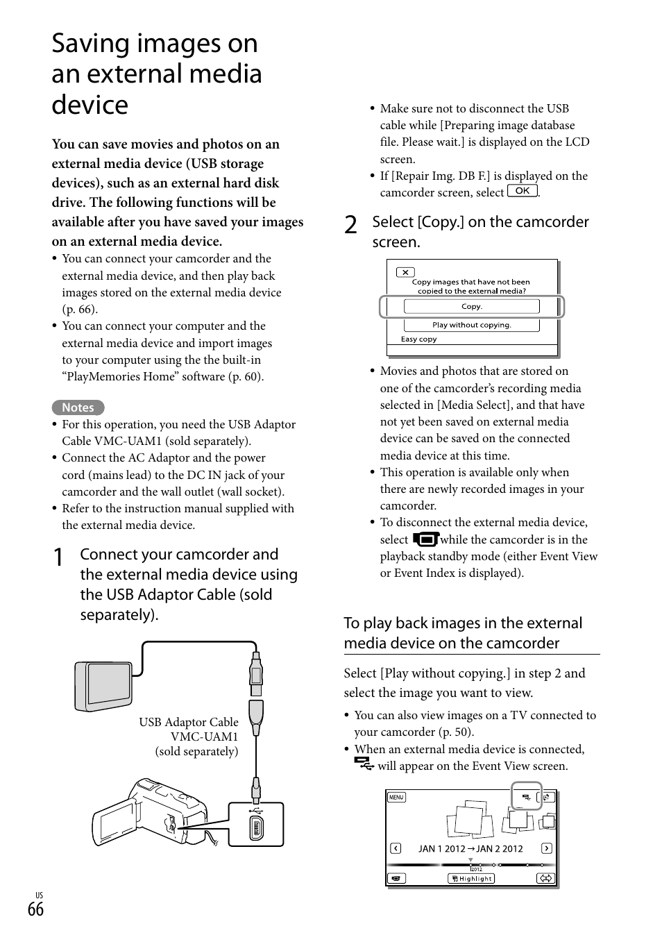Saving images on an external media device, Select [copy.] on the camcorder screen | Sony HDR-PJ710V User Manual | Page 66 / 191