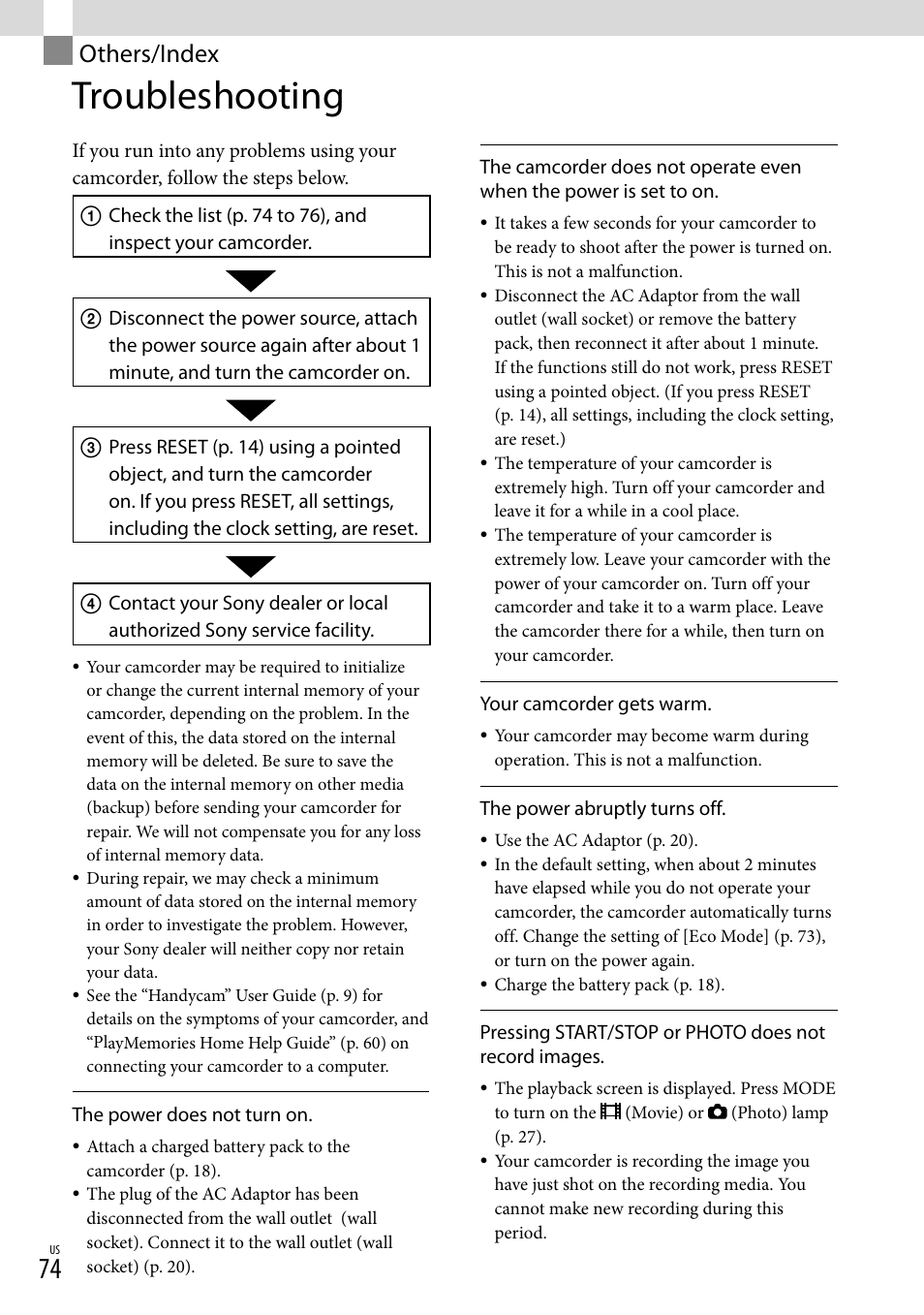 Others/index, Troubleshooting | Sony HDR-PJ710V User Manual | Page 74 / 191