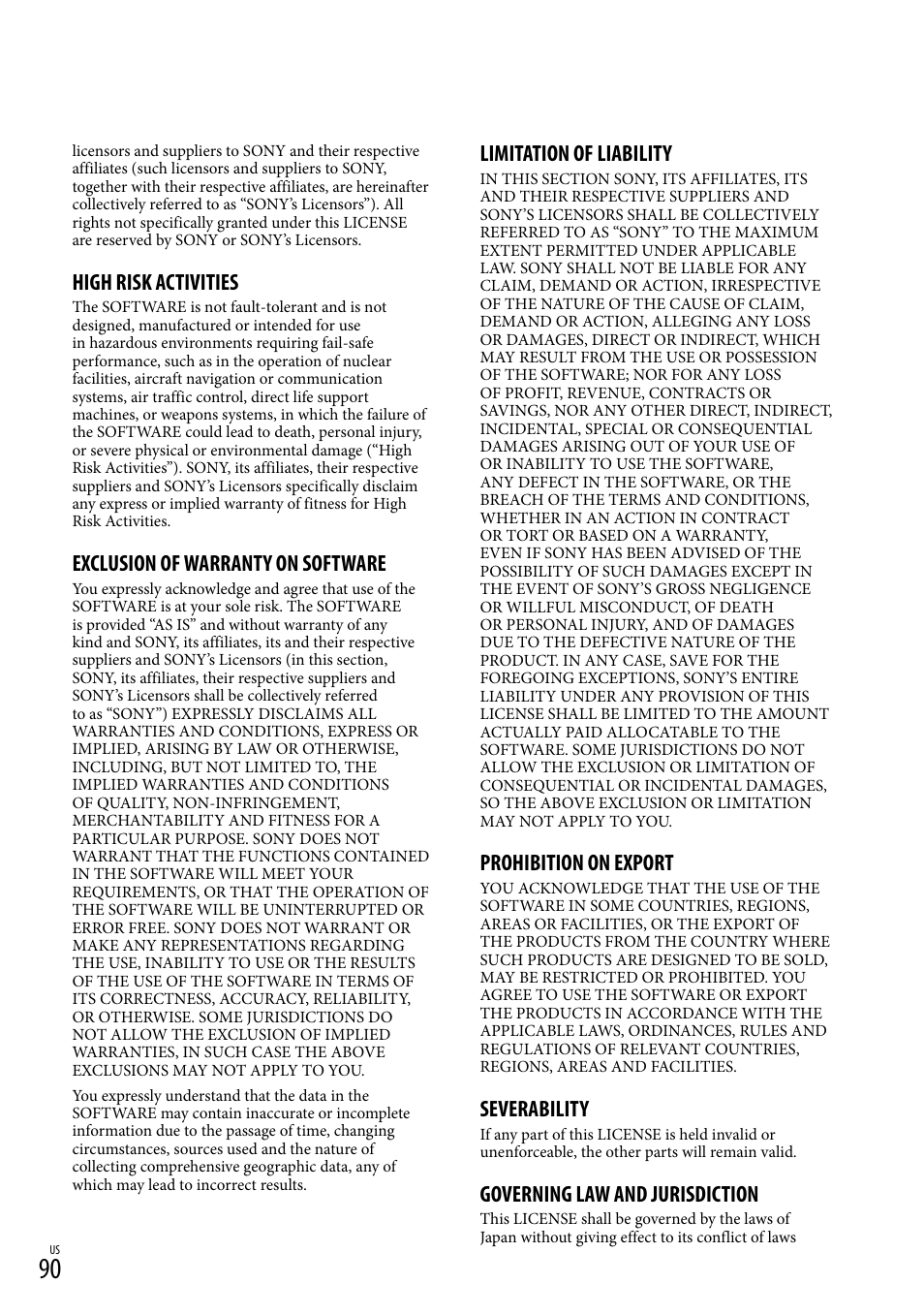 High risk activities, Exclusion of warranty on software, Limitation of liability | Prohibition on export, Severability, Governing law and jurisdiction | Sony HDR-PJ710V User Manual | Page 90 / 191