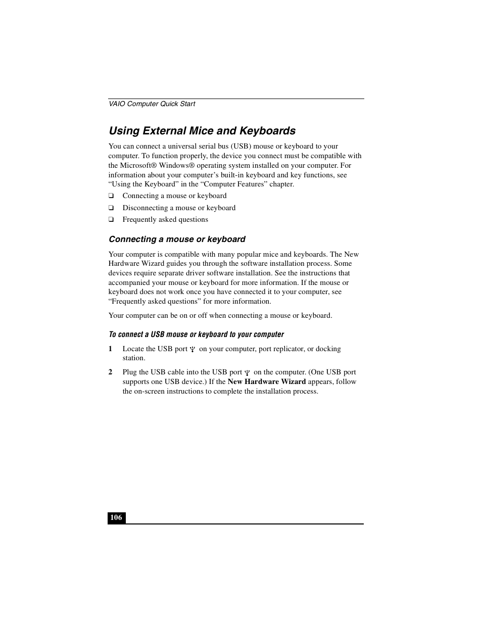 Using external mice and keyboards, Connecting a mouse or keyboard | Sony PCG-GRS100 User Manual | Page 106 / 208