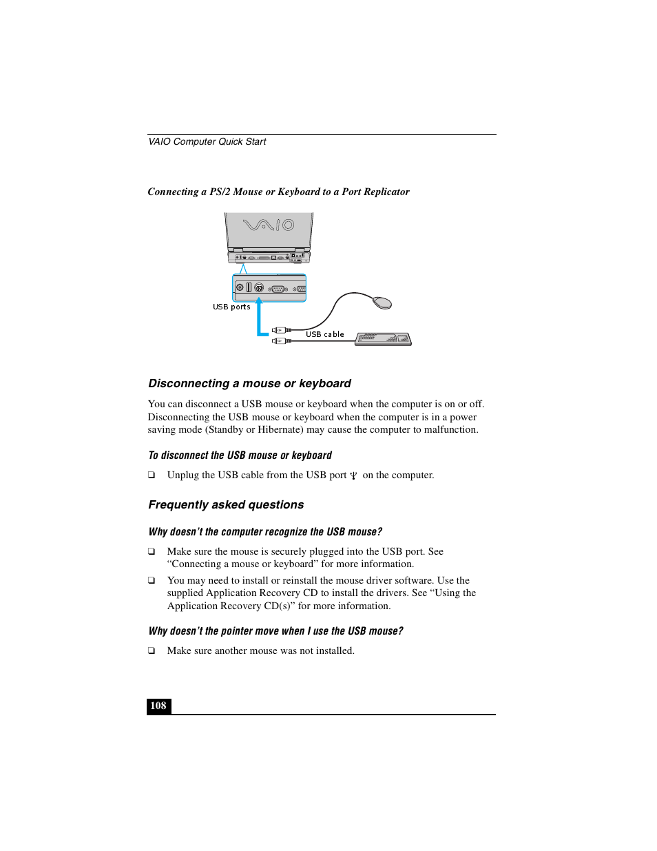 Disconnecting a mouse or keyboard, Frequently asked questions | Sony PCG-GRS100 User Manual | Page 108 / 208