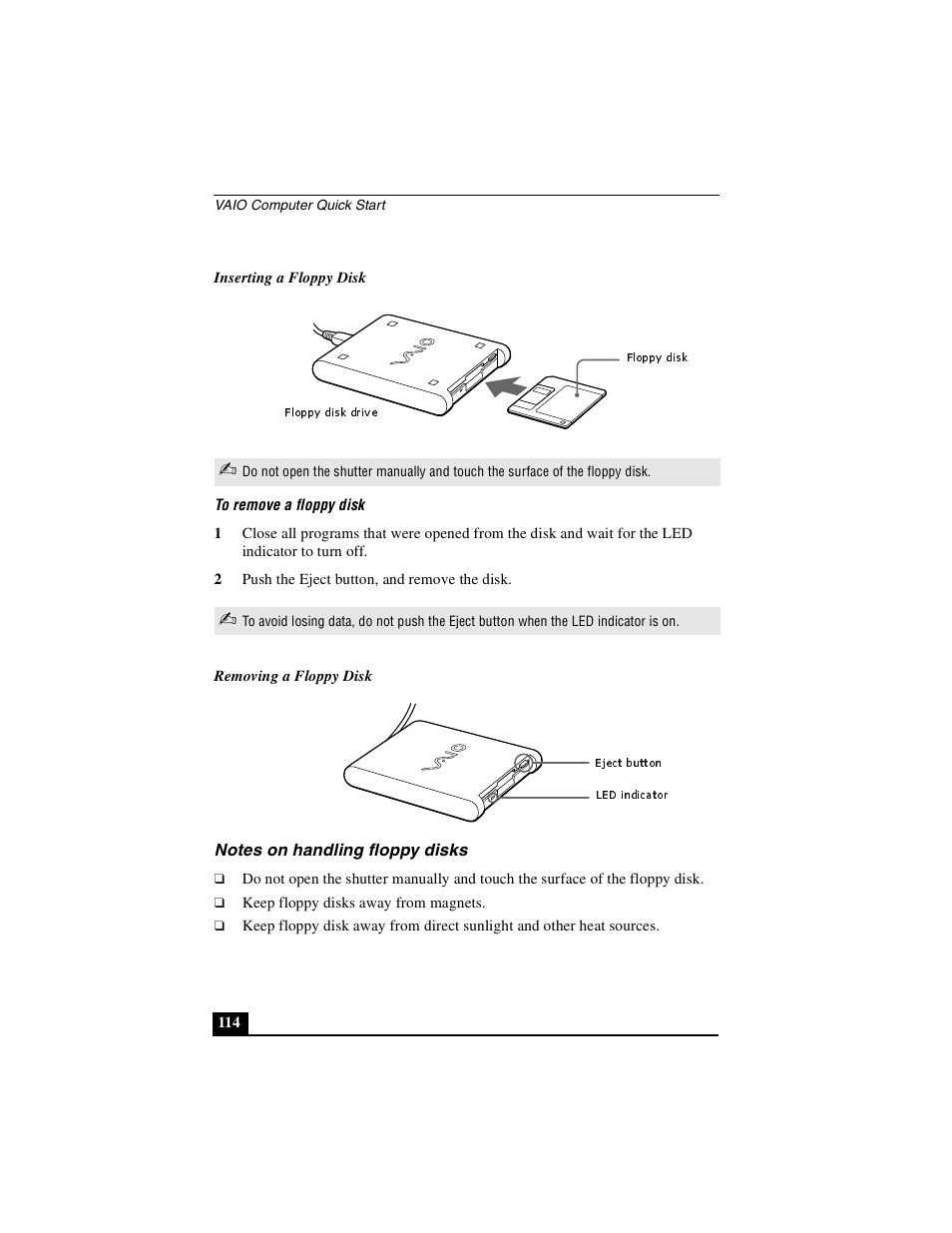 Notes on handling floppy disks | Sony PCG-GRS100 User Manual | Page 114 / 208