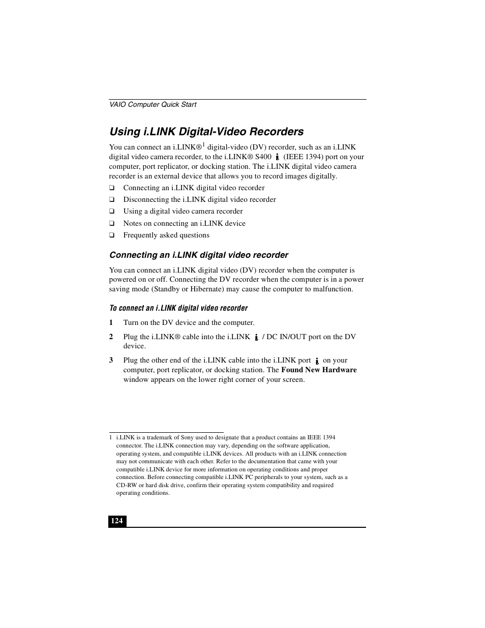 Using i.link digital-video recorders, Connecting an i.link digital video recorder | Sony PCG-GRS100 User Manual | Page 124 / 208