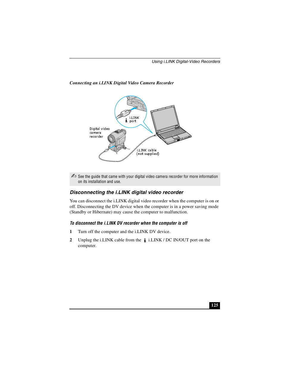 Disconnecting the i.link digital video recorder | Sony PCG-GRS100 User Manual | Page 125 / 208