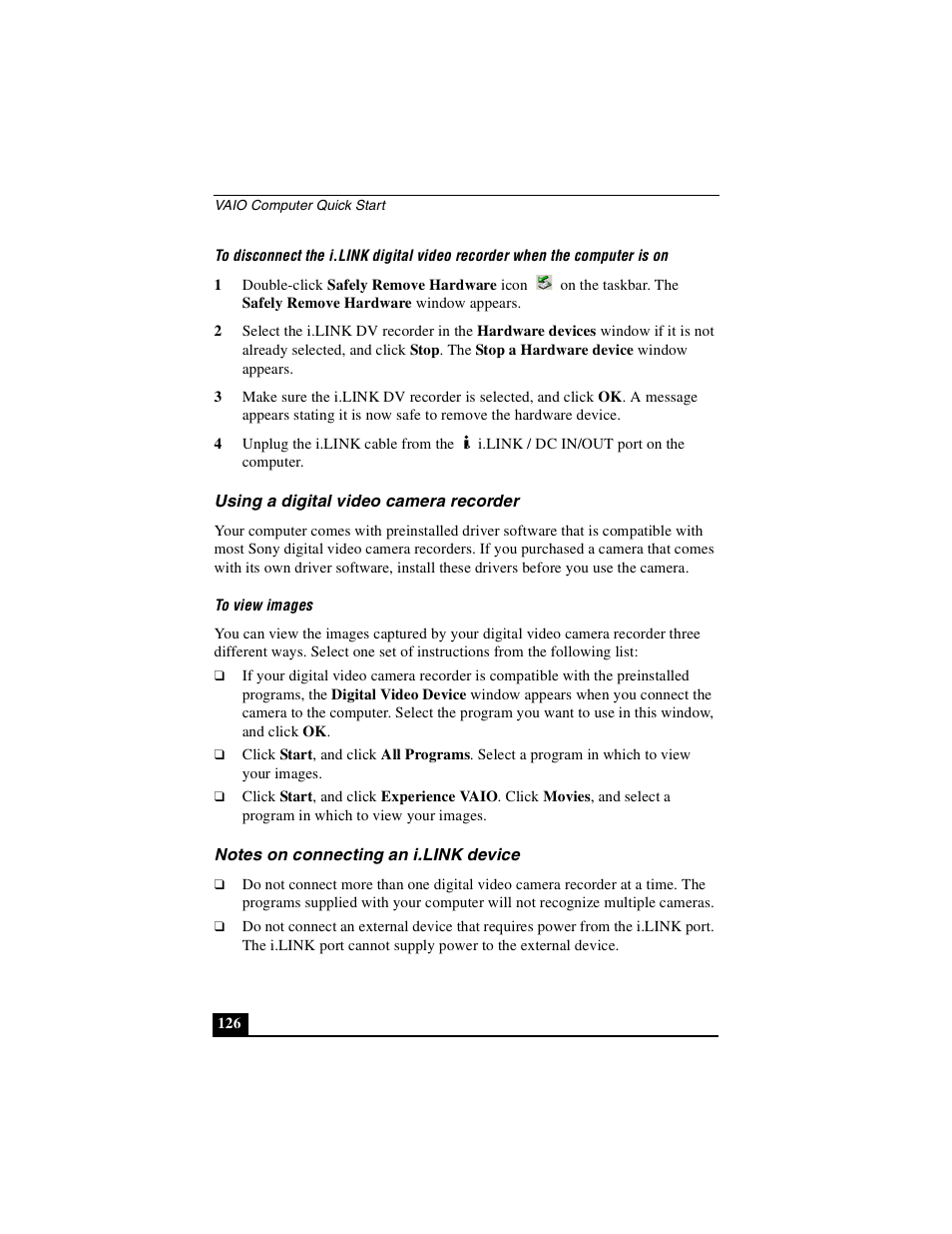 Using a digital video camera recorder, Notes on connecting an i.link device | Sony PCG-GRS100 User Manual | Page 126 / 208