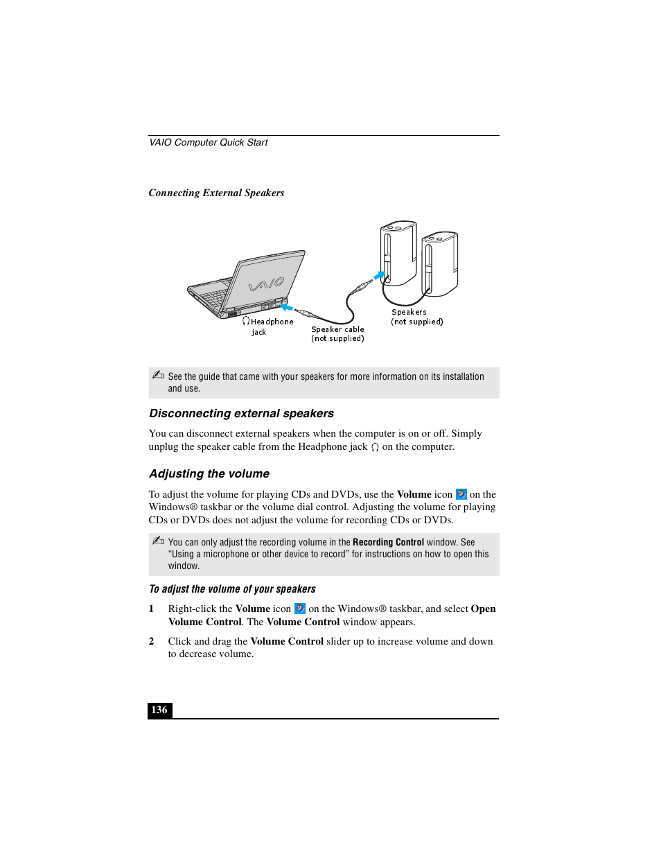Disconnecting external speakers, Adjusting the volume | Sony PCG-GRS100 User Manual | Page 136 / 208