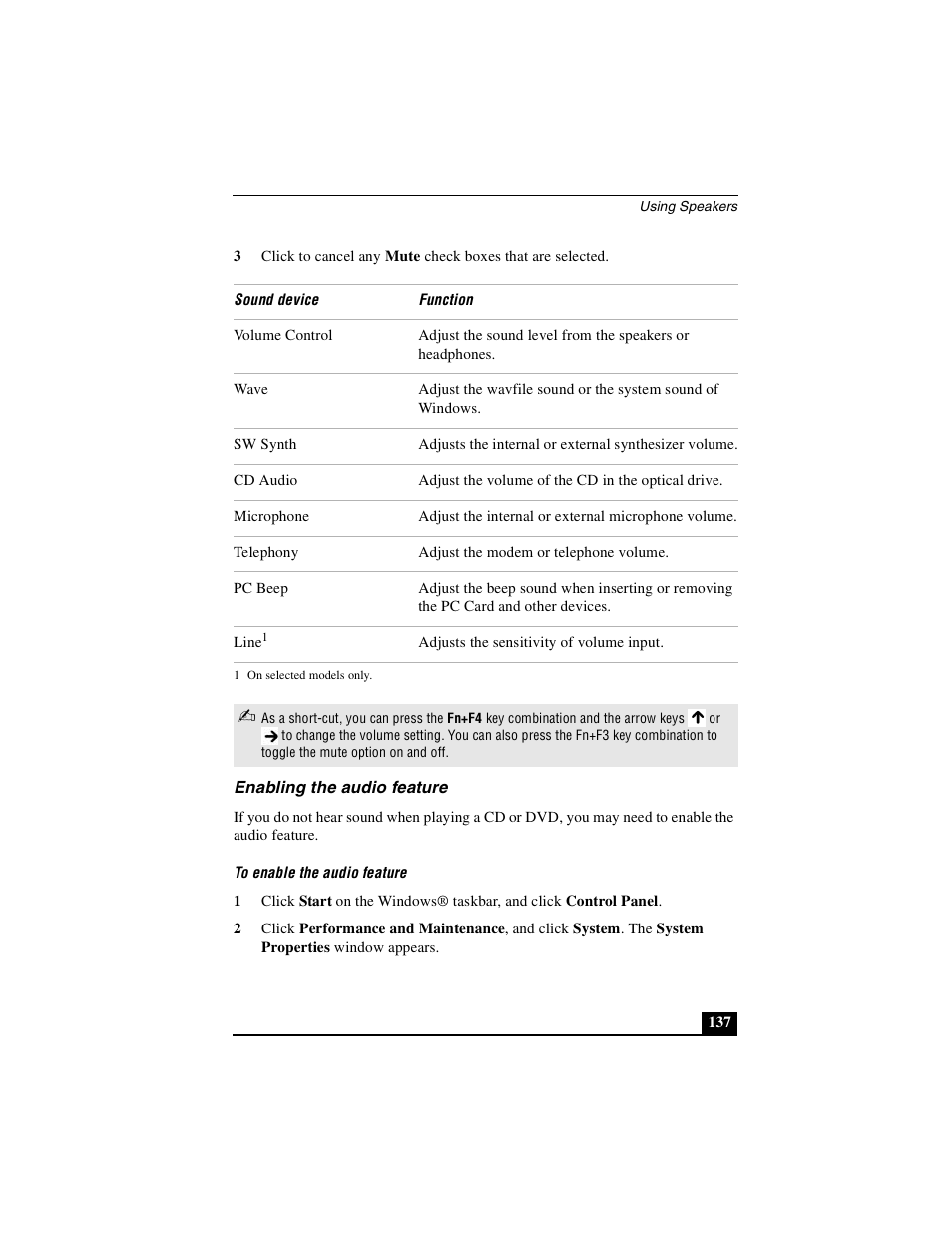 Enabling the audio feature | Sony PCG-GRS100 User Manual | Page 137 / 208