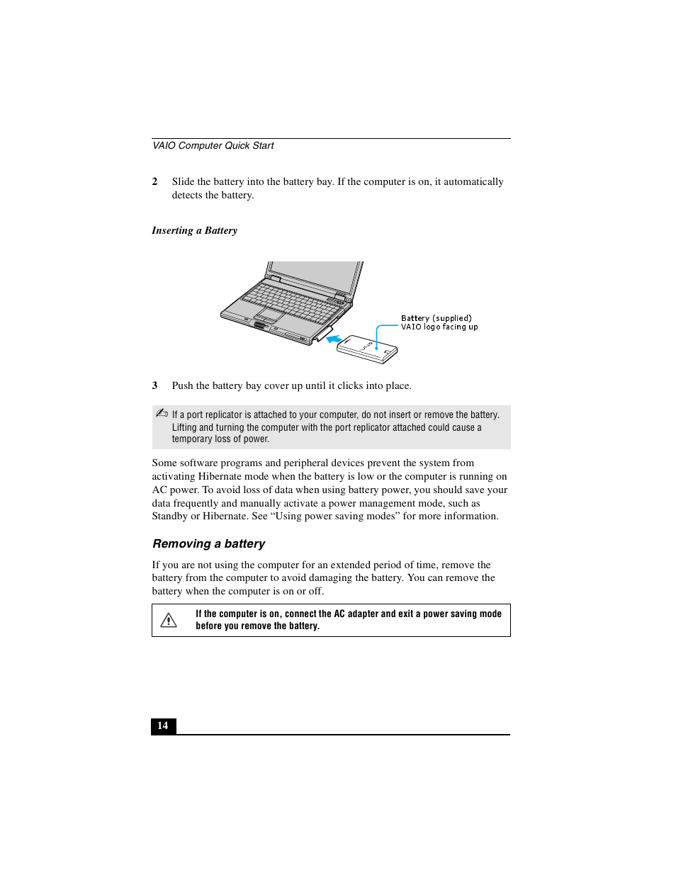 Removing a battery | Sony PCG-GRS100 User Manual | Page 14 / 208