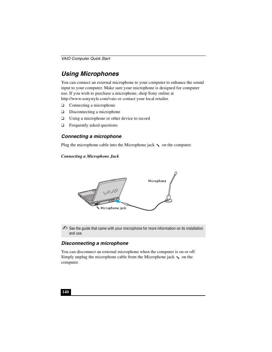 Using microphones, Connecting a microphone, Disconnecting a microphone | Connecting a microphone disconnecting a microphone | Sony PCG-GRS100 User Manual | Page 140 / 208