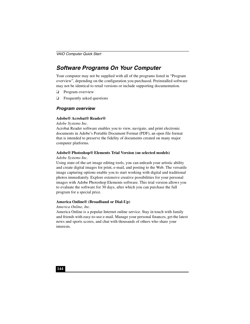 Software programs on your computer, Program overview | Sony PCG-GRS100 User Manual | Page 144 / 208