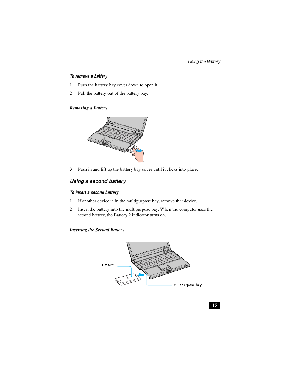 Using a second battery | Sony PCG-GRS100 User Manual | Page 15 / 208
