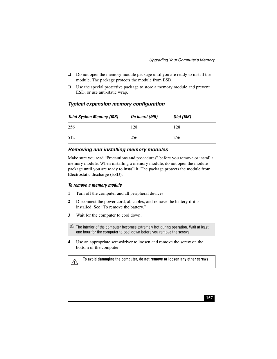 Typical expansion memory configuration, Removing and installing memory modules | Sony PCG-GRS100 User Manual | Page 157 / 208
