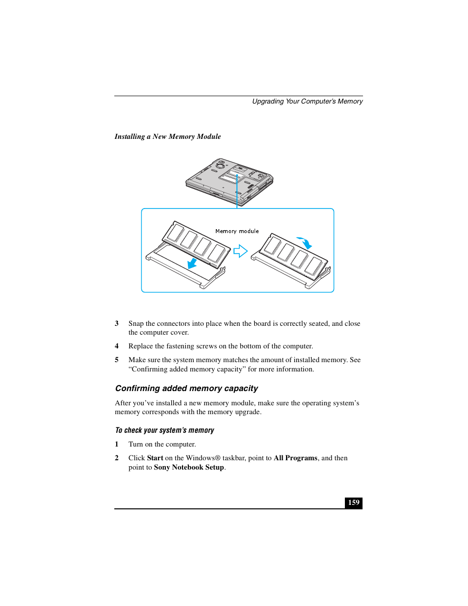 Confirming added memory capacity | Sony PCG-GRS100 User Manual | Page 159 / 208