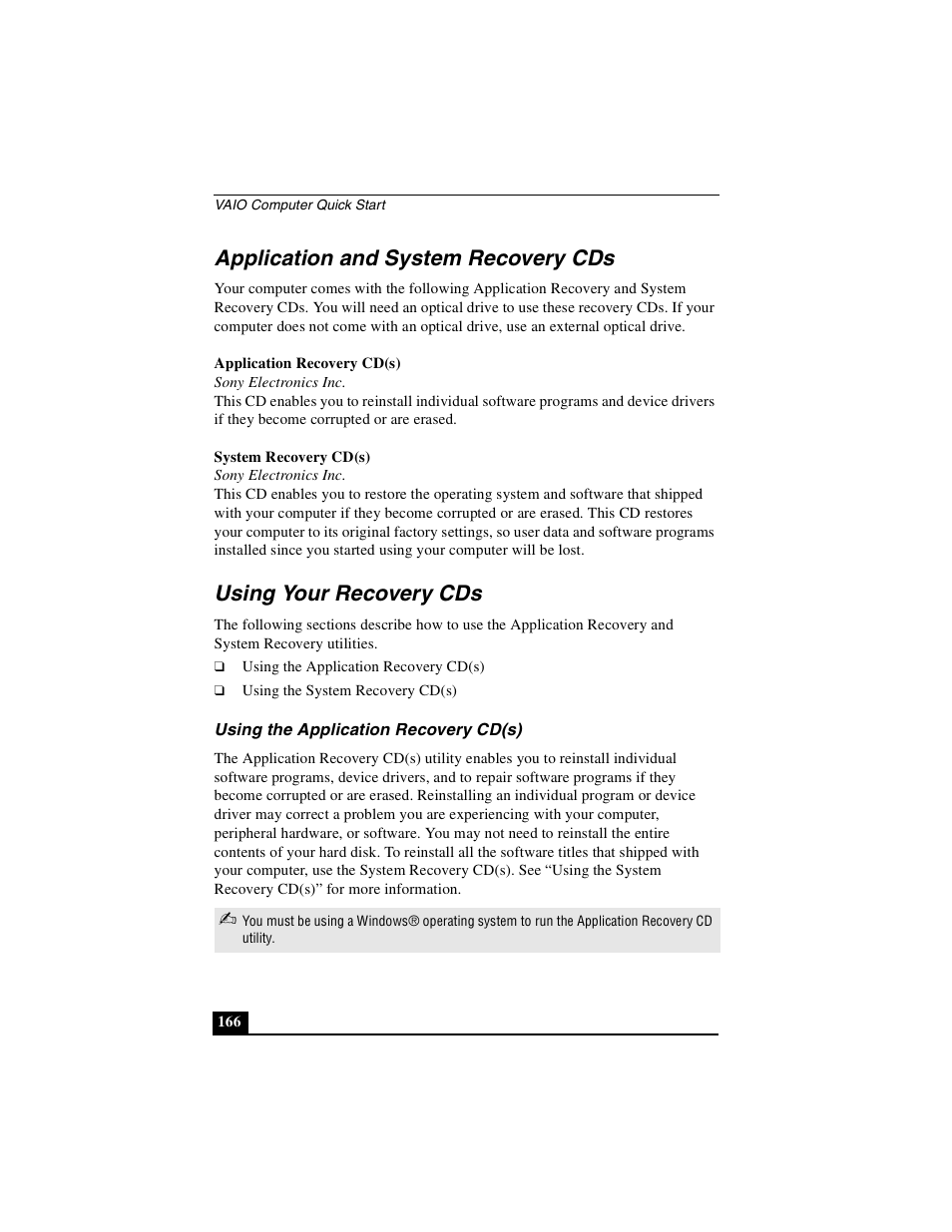 Application and system recovery cds, Using your recovery cds, Using the application recovery cd(s) | Sony PCG-GRS100 User Manual | Page 166 / 208