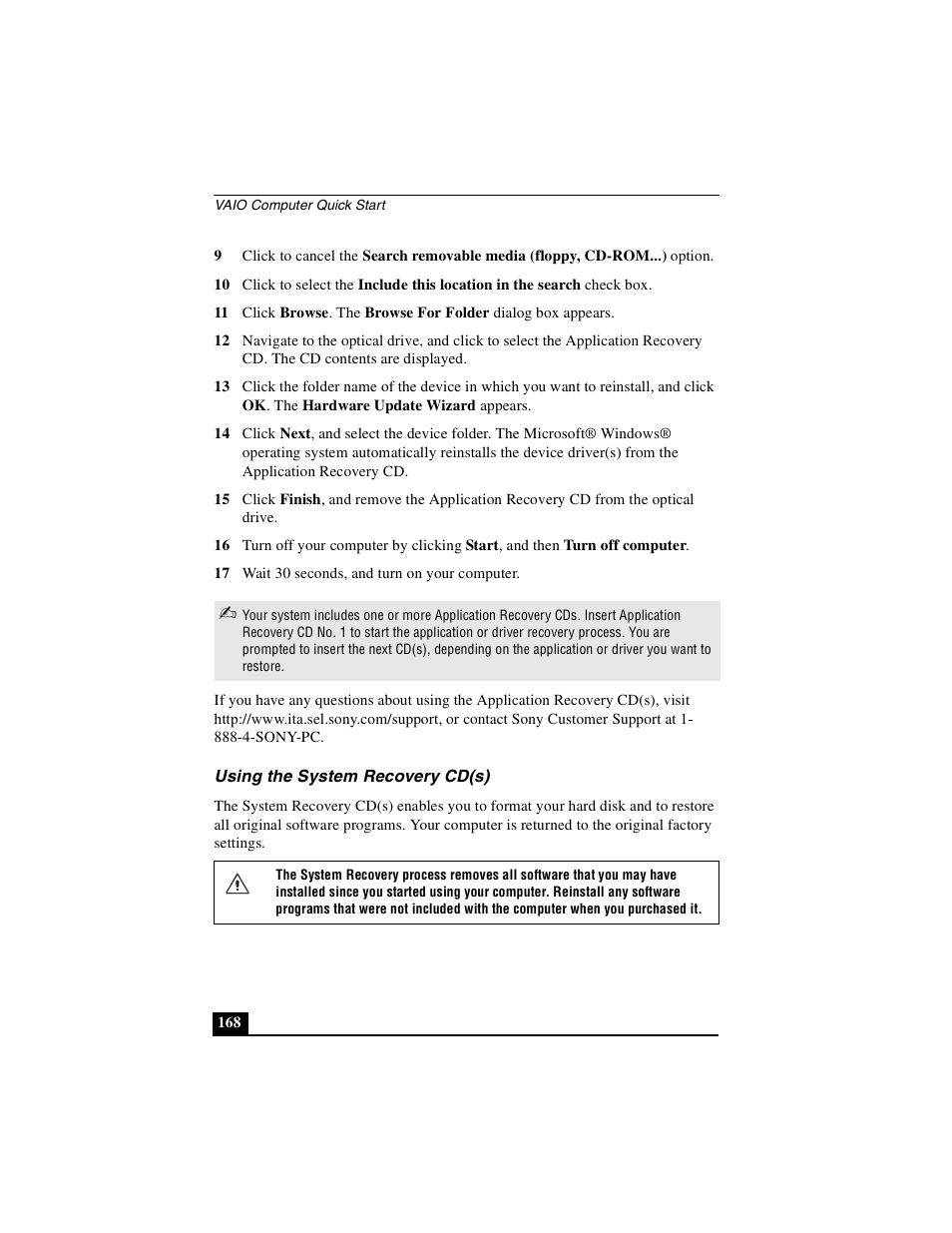Using the system recovery cd(s) | Sony PCG-GRS100 User Manual | Page 168 / 208