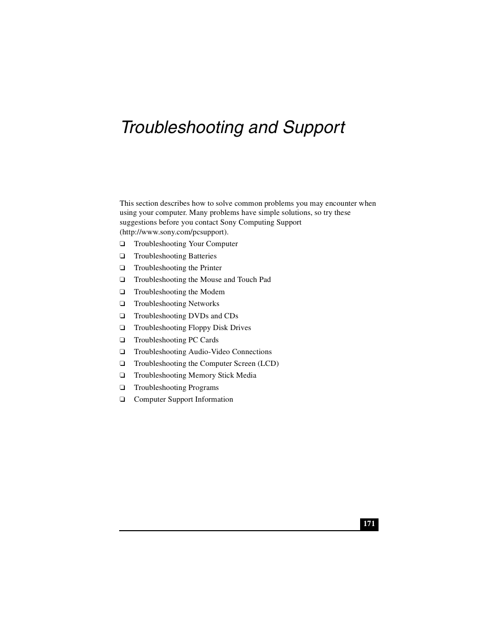 Troubleshooting and support | Sony PCG-GRS100 User Manual | Page 171 / 208