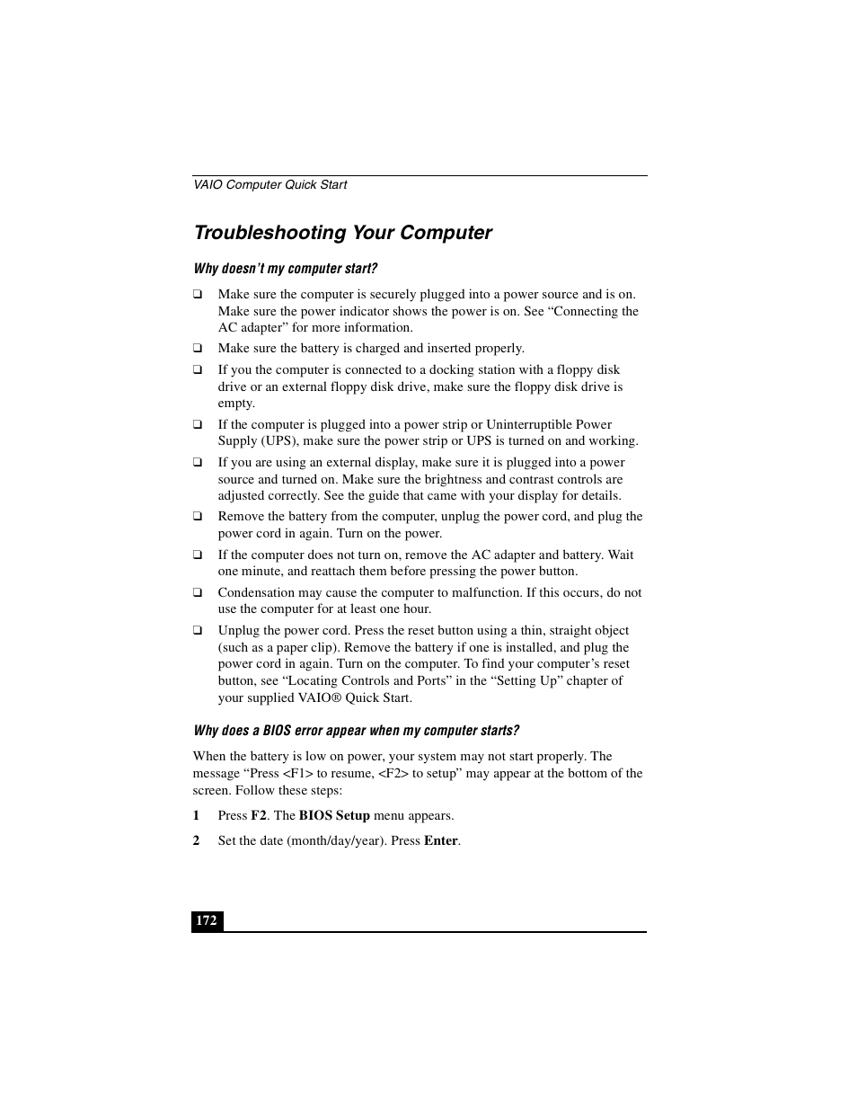 Troubleshooting your computer | Sony PCG-GRS100 User Manual | Page 172 / 208