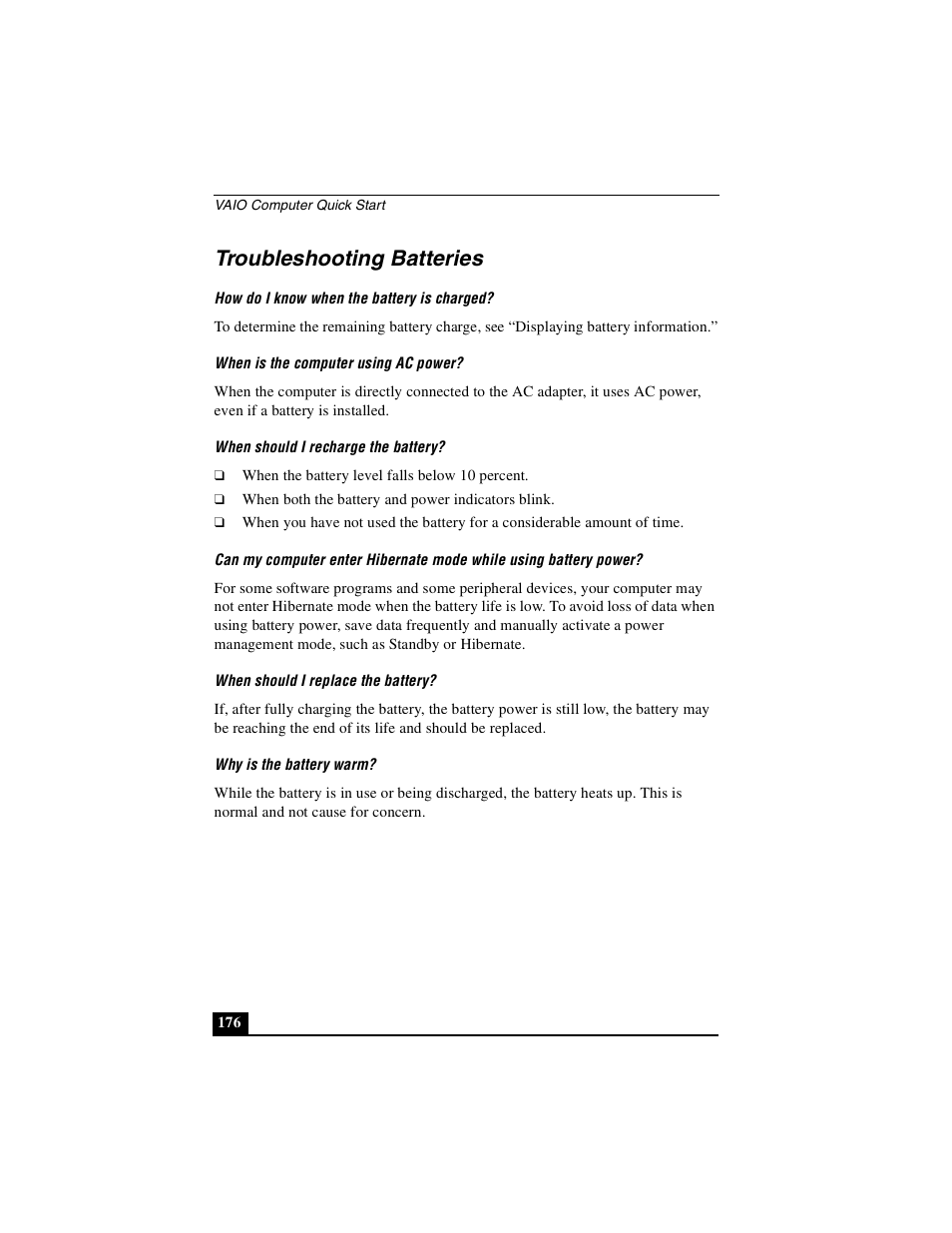 Troubleshooting batteries | Sony PCG-GRS100 User Manual | Page 176 / 208