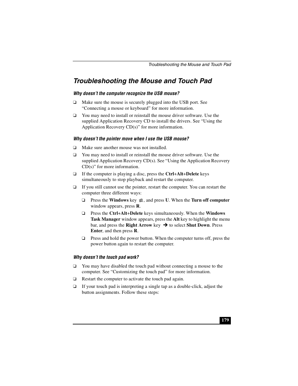 Troubleshooting the mouse and touch pad | Sony PCG-GRS100 User Manual | Page 179 / 208