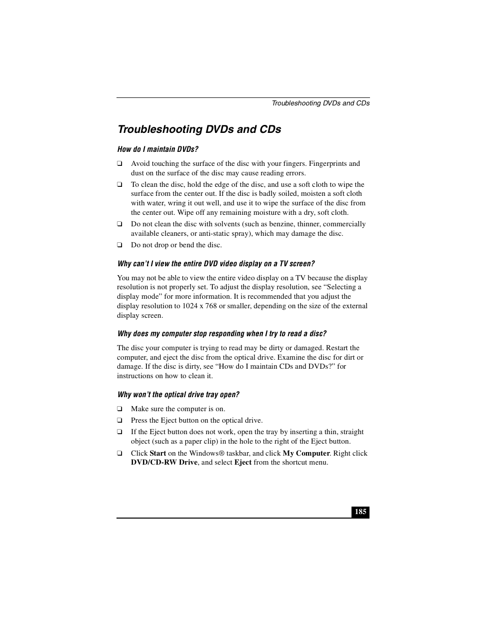 Troubleshooting dvds and cds | Sony PCG-GRS100 User Manual | Page 185 / 208