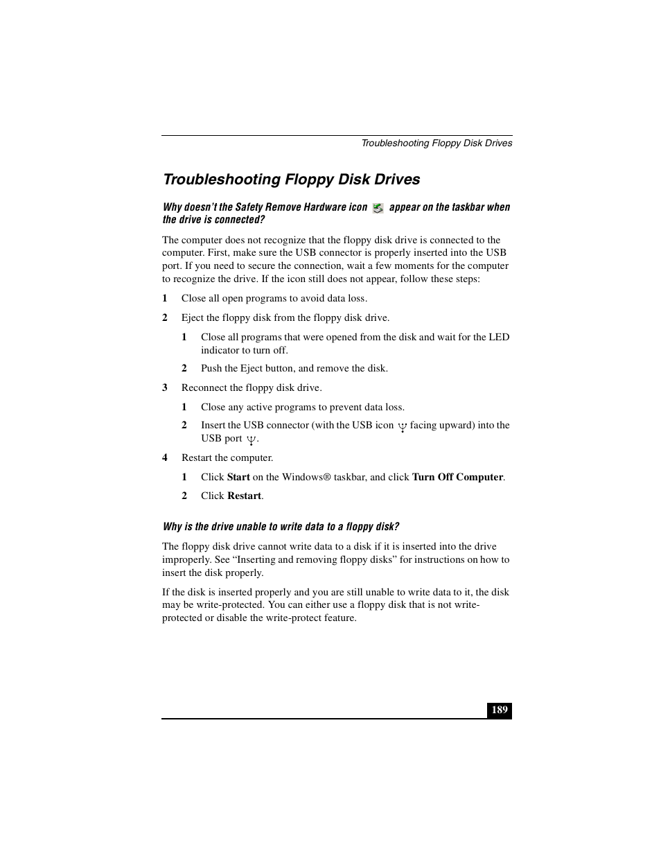 Troubleshooting floppy disk drives | Sony PCG-GRS100 User Manual | Page 189 / 208